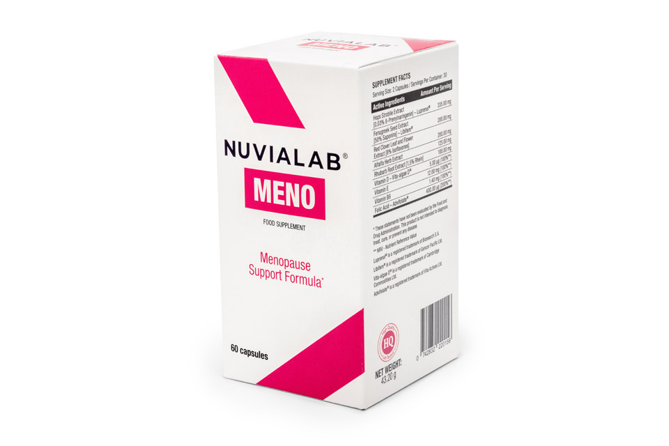 Supplement facts panel for NuviaLab Meno showing ingredient amounts
